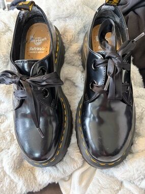Dr. Martens Black Patent 3-Eye Shoes with Yellow Stitching